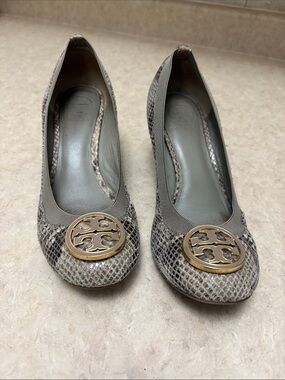 Tory Burch Taupe Snakeskin Wedge with Gold Logo